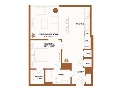 A floor plan of a house with a living room, dining room, kitchen, bedroom, bathroom, and a spacious closet.
